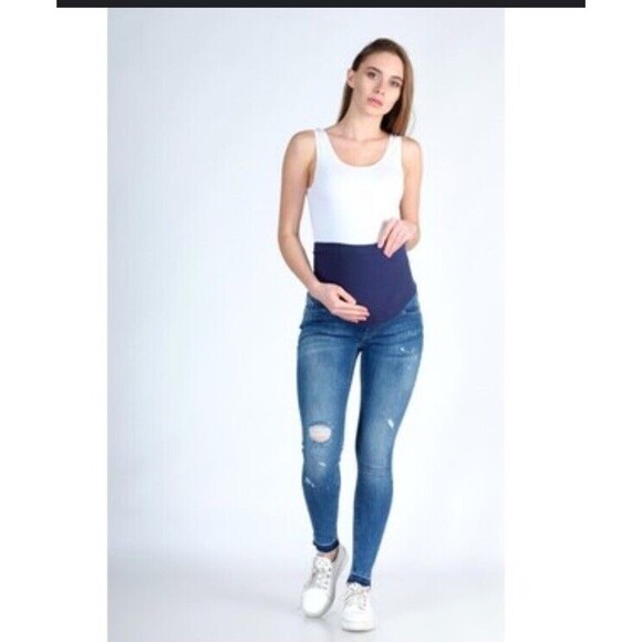 H&M Women Distressed Skinny Ankle High Rib Mama Maternity Denim Blue Jeans Sz 10 - Picture 1 of 12